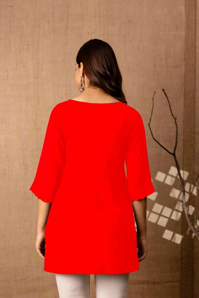 Women Rayon Regular Top - Red, XL