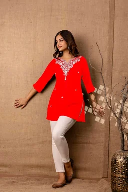 Women Rayon Regular Top - Red, XL