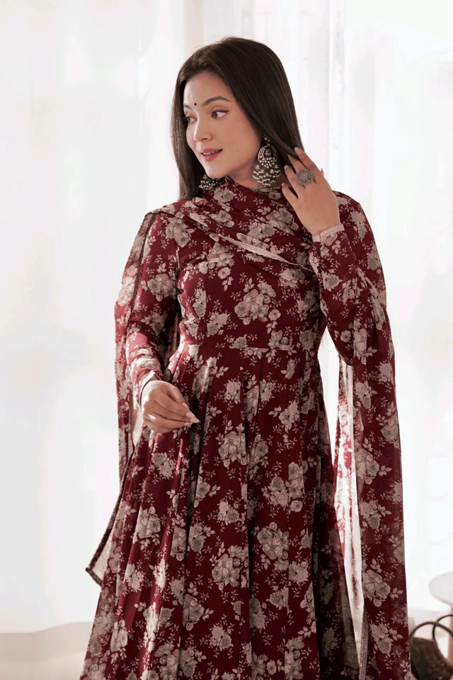 Glamwiz Maroon Floral Printed Anarkali Suit - Cocoa Bean, M
