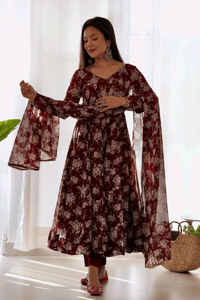 Glamwiz Maroon Floral Printed Anarkali Suit - Cocoa Bean, M