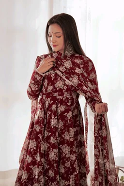 Glamwiz Maroon Floral Printed Anarkali Suit - Cocoa Bean, M