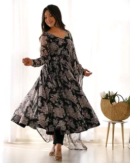 Glamwiz Maroon Floral Printed Anarkali Suit - Black, M