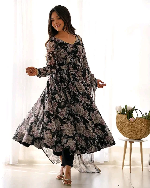 Glamwiz Maroon Floral Printed Anarkali Suit - Black, M