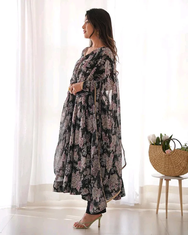 Glamwiz Maroon Floral Printed Anarkali Suit - Black, M