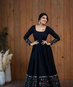 Viscose Rayon Stitched Anarkali Gown (Blue) - Black, L