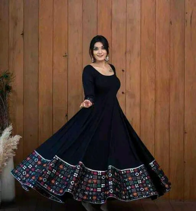 Viscose Rayon Stitched Anarkali Gown (Blue) - Black, L