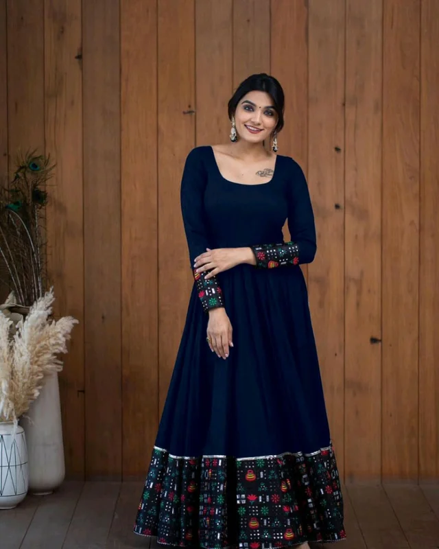 Viscose Rayon Stitched Anarkali Gown (Blue) - Cloud Burst, XL