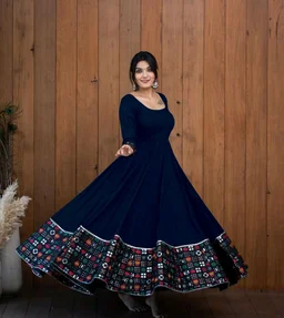 Viscose Rayon Stitched Anarkali Gown (Blue) - Cloud Burst, XXL