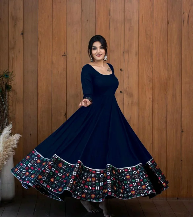 Viscose Rayon Stitched Anarkali Gown (Blue) - Cloud Burst, XXL