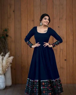 Viscose Rayon Stitched Anarkali Gown (Blue) - Cloud Burst, XXXL