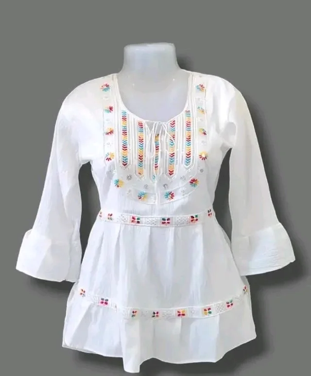 Casual Bell Sleeves Self Design, Lace, Embroidered Women White Top - White, L
