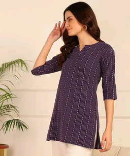 Women Striped Pure Cotton. Straight Kurta (Purple) - Eggplant, XL