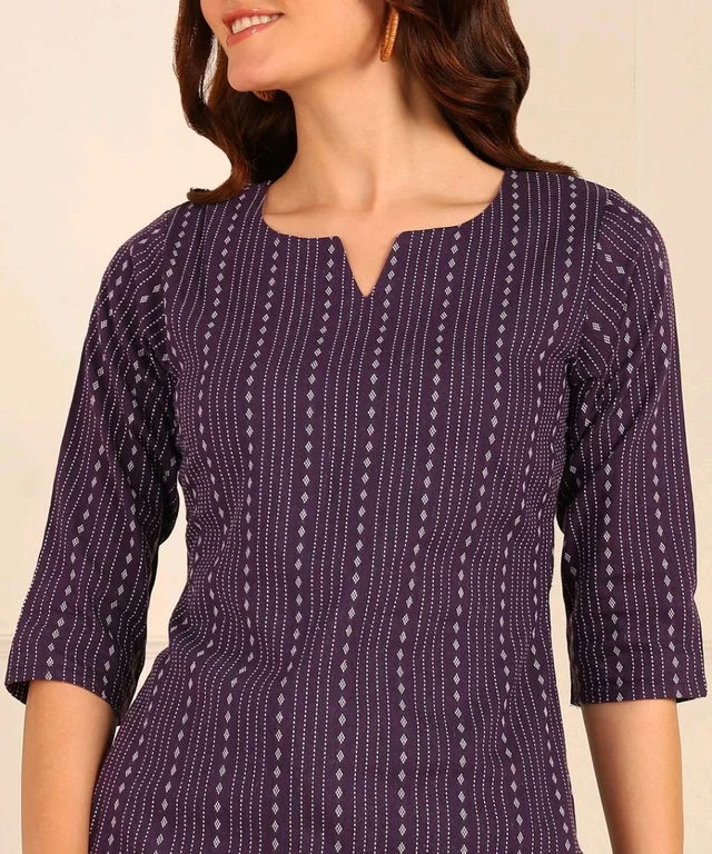 Women Striped Pure Cotton. Straight Kurta (Purple) - Eggplant, XL