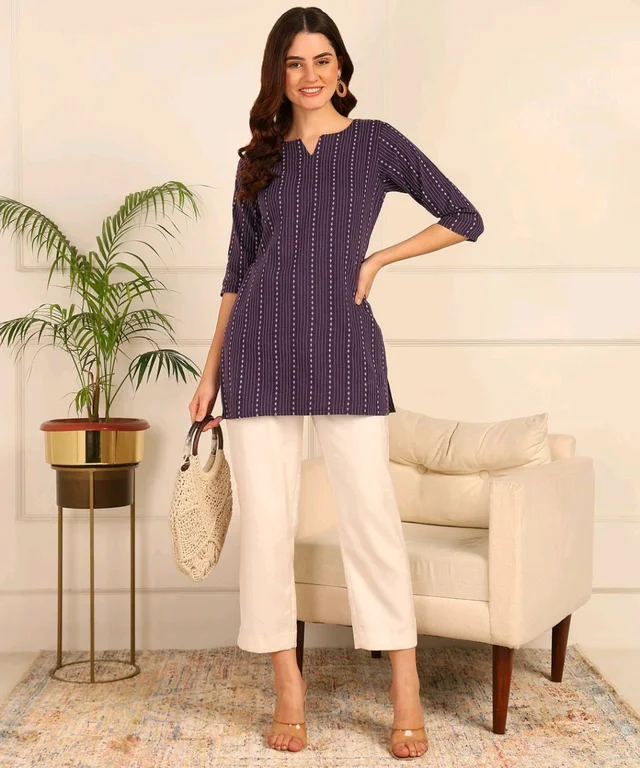 Women Striped Pure Cotton. Straight Kurta (Purple) - Eggplant, XS