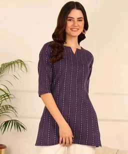 Women Striped Pure Cotton. Straight Kurta (Purple) - Eggplant, XS