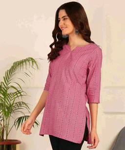 Women Striped Pure Cotton. Straight Kurta (Purple) - Deep Blush, XS