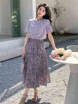Lavender Floral Skirt Korean Co-ord Set for Women - Amethyst Smoke, L