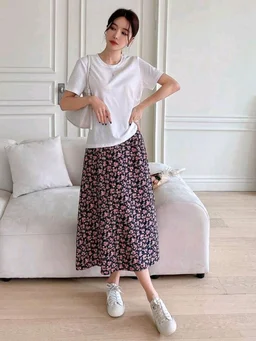 Lavender Floral Skirt Korean Co-ord Set for Women - White, L