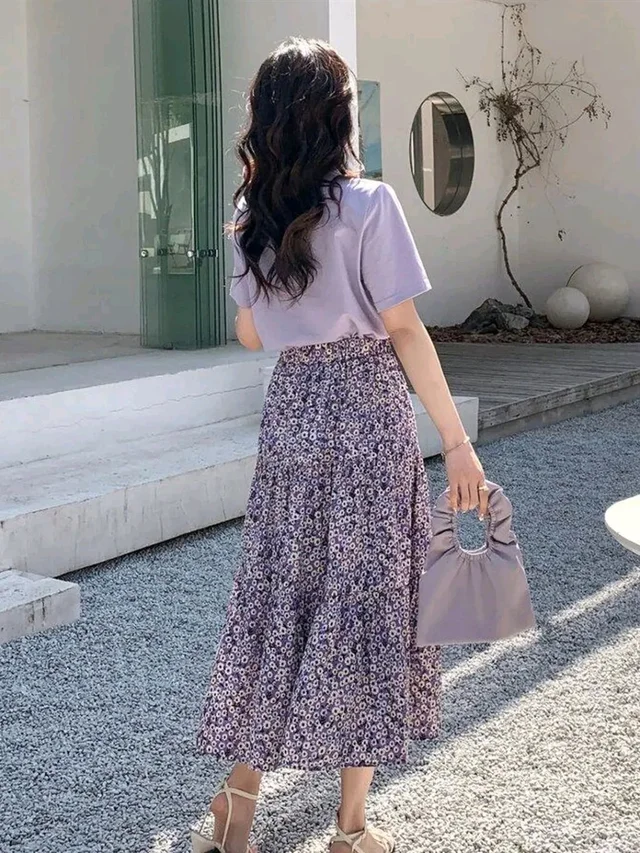 Lavender Floral Skirt Korean Co-ord Set for Women - Amethyst Smoke, M