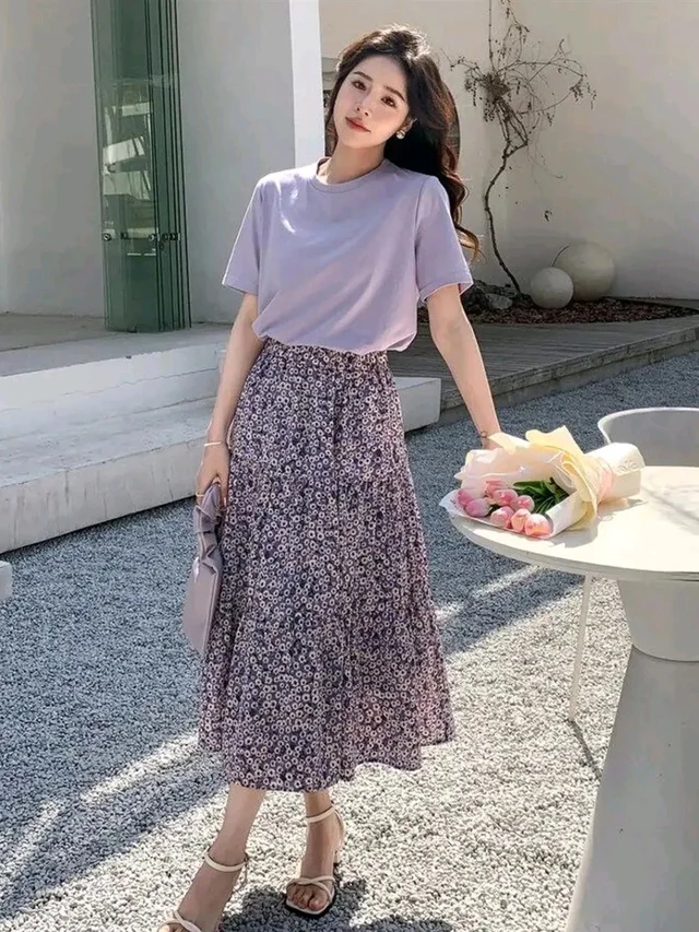 Lavender Floral Skirt Korean Co-ord Set for Women - Amethyst Smoke, S