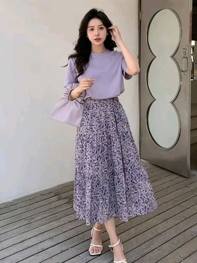 Lavender Floral Skirt Korean Co-ord Set for Women - Amethyst Smoke, XL