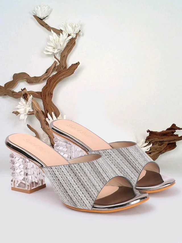 Glittery Slip-on Sandals with Transparent Heels, Multicolour - Gry, 5