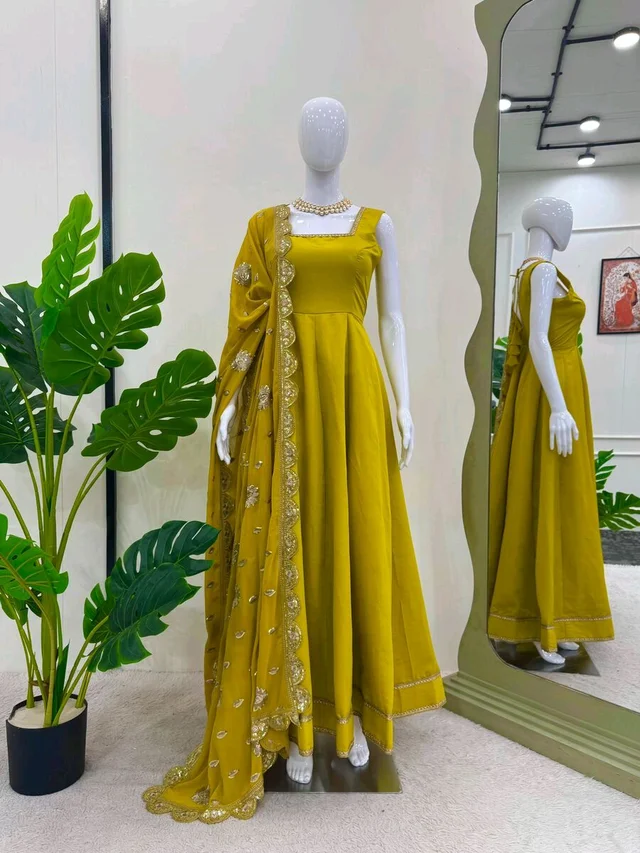 designer anarkali with sequence Embroidery work long gown with Dupatta - Galliano, S