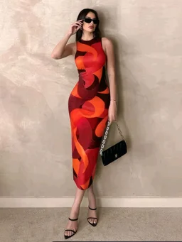 Geometric Print Red One Piece - Orange, S