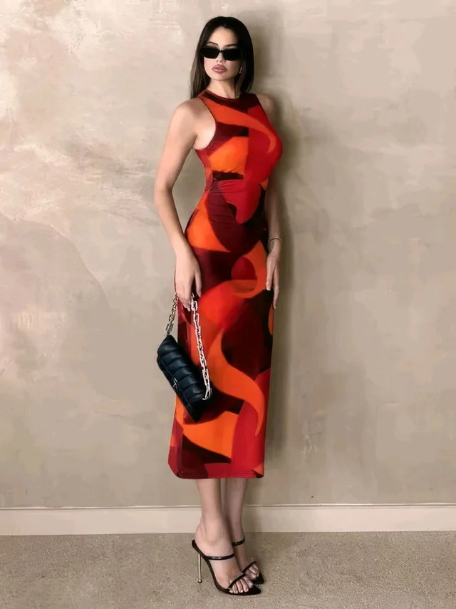 Geometric Print Red One Piece - Orange, XL