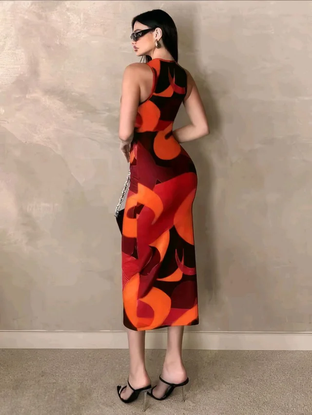 Geometric Print Red One Piece - Orange, XL