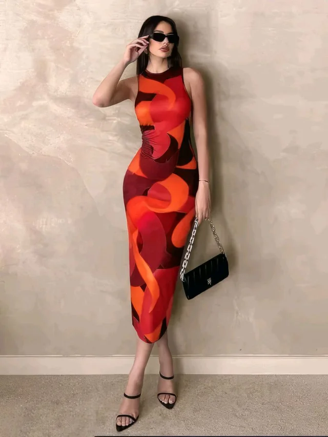 Geometric Print Red One Piece - Orange, XL
