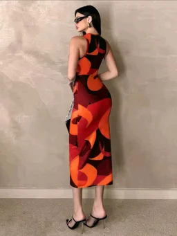Geometric Print Red One Piece - Orange, XXL