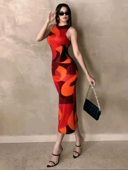Geometric Print Red One Piece - Orange, XXL