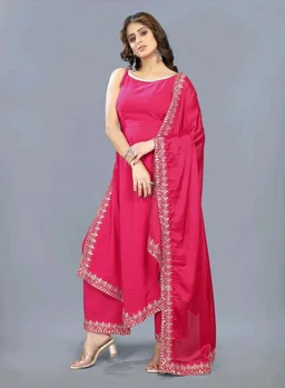 Women's Georgette Sleeveless Kurti Set With Embroidered Lace - Radical Red, L