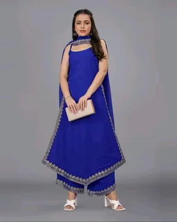 Women's Georgette Sleeveless Kurti Set With Embroidered Lace - Blue, M