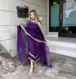 Women's Georgette Sleeveless Kurti Set With Embroidered Lace - Purple, M