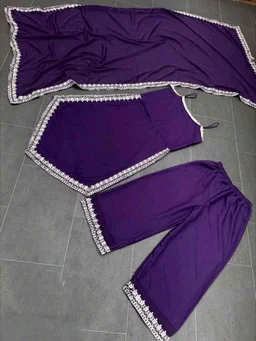 Women's Georgette Sleeveless Kurti Set With Embroidered Lace - Purple, M
