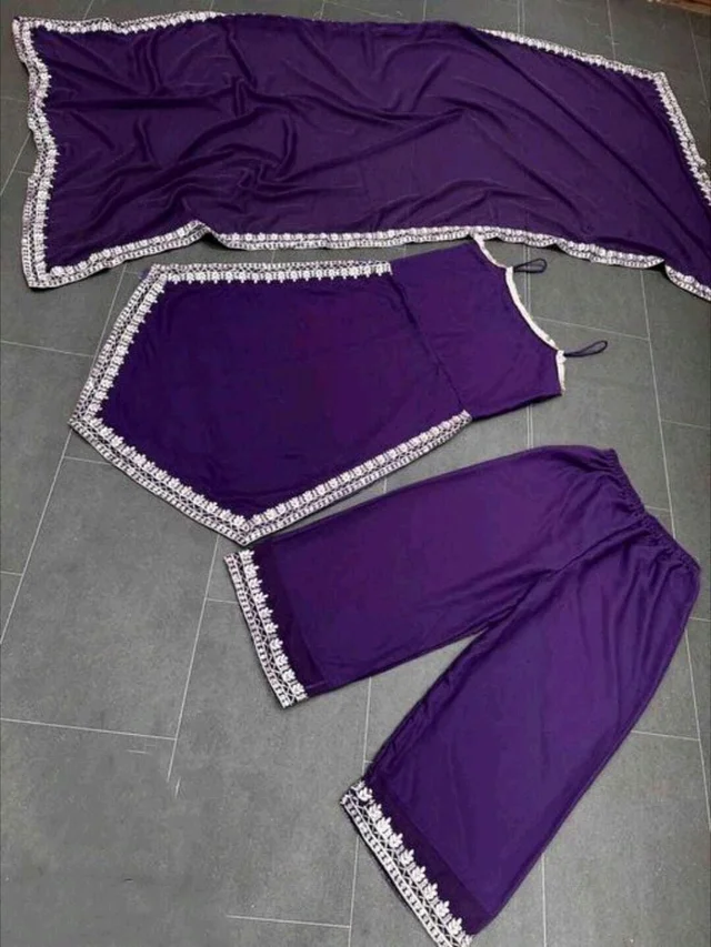 Women's Georgette Sleeveless Kurti Set With Embroidered Lace - Purple, M