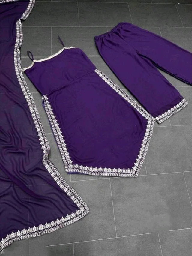 Women's Georgette Sleeveless Kurti Set With Embroidered Lace - Purple, M