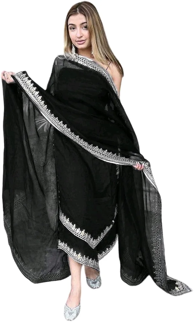 Women's Georgette Sleeveless Kurti Set With Embroidered Lace - Black, M