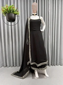 Women's Georgette Sleeveless Kurti Set With Embroidered Lace - Black, M