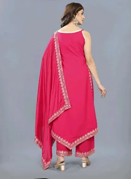 Women's Georgette Sleeveless Kurti Set With Embroidered Lace - Radical Red, M