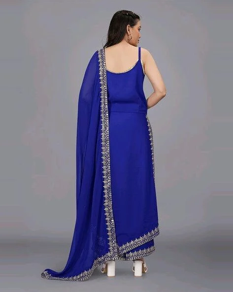 Women's Georgette Sleeveless Kurti Set With Embroidered Lace - Blue, S