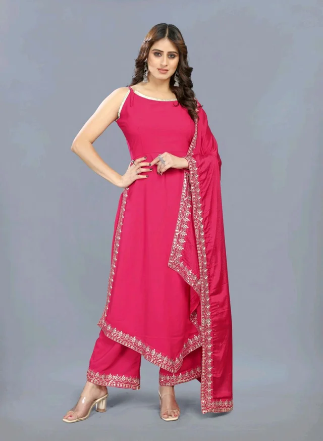 Women's Georgette Sleeveless Kurti Set With Embroidered Lace - Radical Red, S