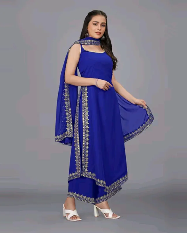 Women's Georgette Sleeveless Kurti Set With Embroidered Lace - Blue, XL