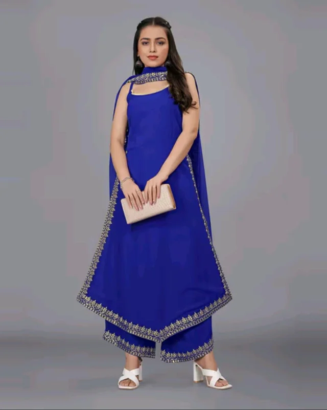 Women's Georgette Sleeveless Kurti Set With Embroidered Lace - Blue, XL