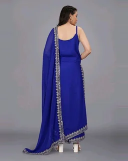 Women's Georgette Sleeveless Kurti Set With Embroidered Lace - Blue, XL