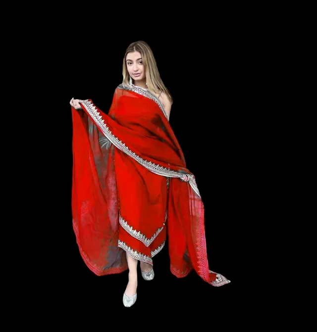 Women's Georgette Sleeveless Kurti Set With Embroidered Lace - Red, XL