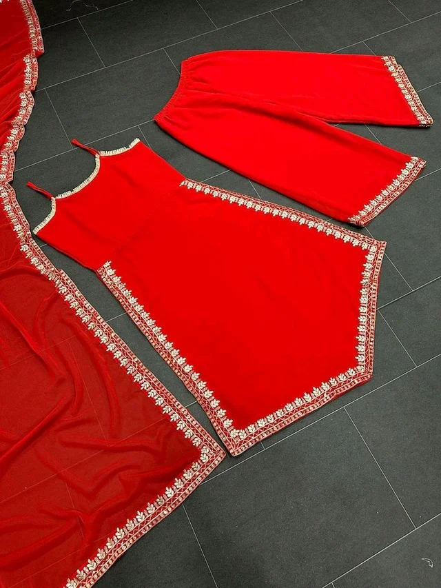 Women's Georgette Sleeveless Kurti Set With Embroidered Lace - Red, XL