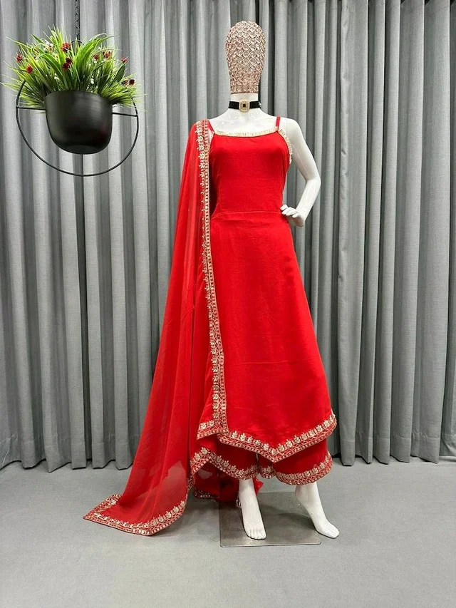 Women's Georgette Sleeveless Kurti Set With Embroidered Lace - Red, XL